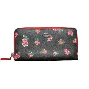 Coach Signature Floral Print Zip Around Accordion Wallet Durable Coated Canvas